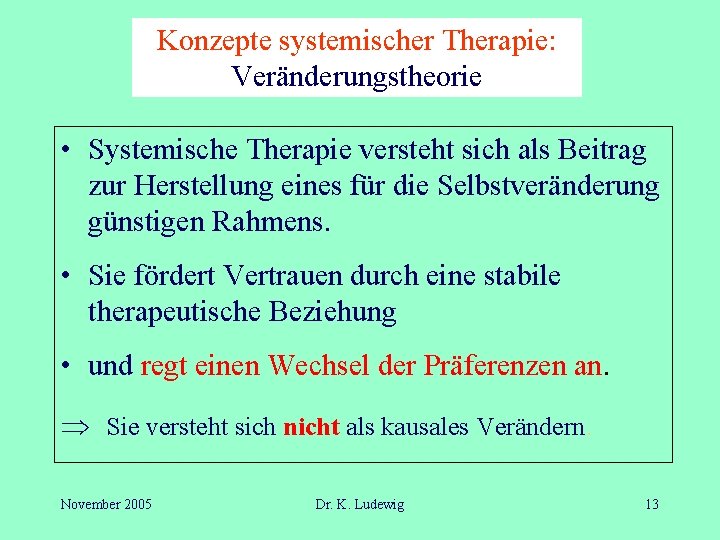 Konzepte systemischer Therapie: Veränderungstheorie • Systemische Therapie versteht sich als Beitrag zur Herstellung eines