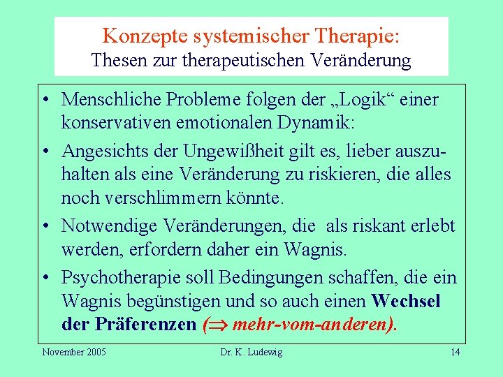 Konzepte systemischer Therapie: Thesen zur therapeutischen Veränderung • Menschliche Probleme folgen der „Logik“ einer