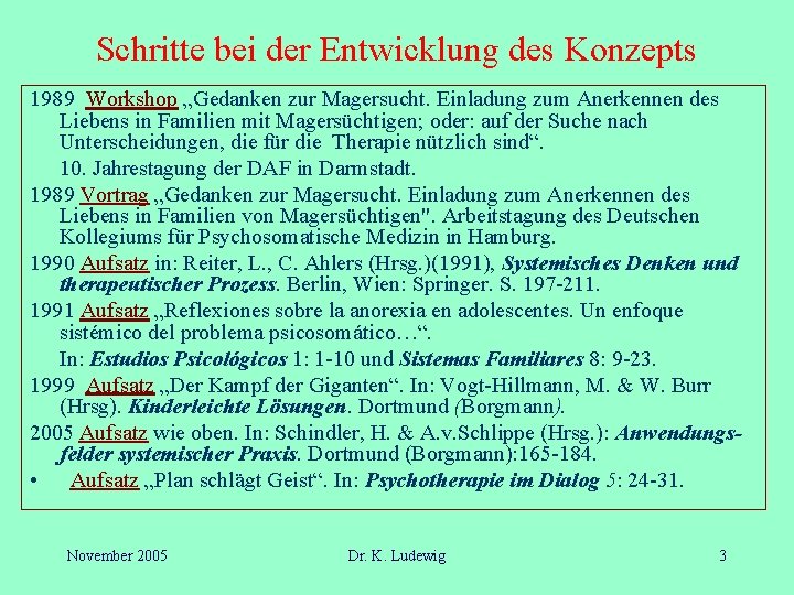 Schritte bei der Entwicklung des Konzepts 1989 Workshop „Gedanken zur Magersucht. Einladung zum Anerkennen