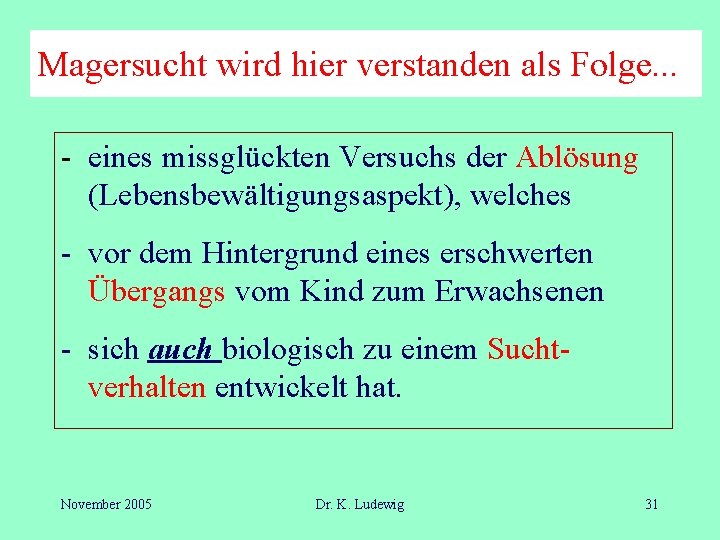 Magersucht wird hier verstanden als Folge. . . - eines missglückten Versuchs der Ablösung