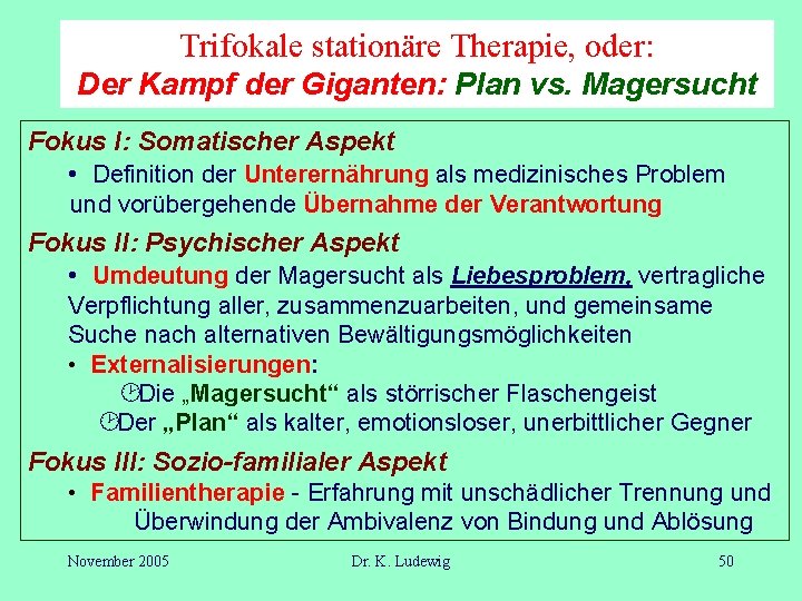 Trifokale stationäre Therapie, oder: Der Kampf der Giganten: Plan vs. Magersucht Fokus I: Somatischer