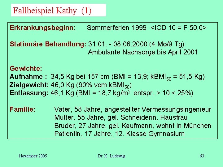 Fallbeispiel Kathy (1) Erkrankungsbeginn: Sommerferien 1999 <ICD 10 = F 50. 0> Stationäre Behandlung: