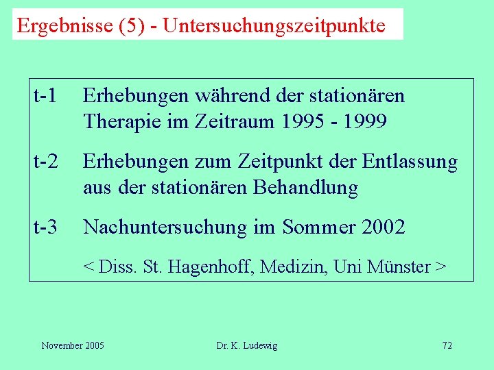 Ergebnisse (5) - Untersuchungszeitpunkte t-1 Erhebungen während der stationären Therapie im Zeitraum 1995 -