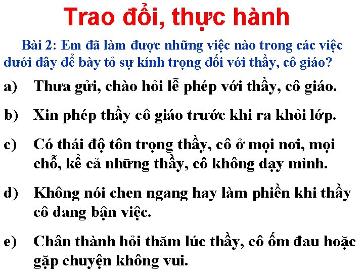 Trao đổi, thực hành Bài 2: Em đã làm được những việc nào trong