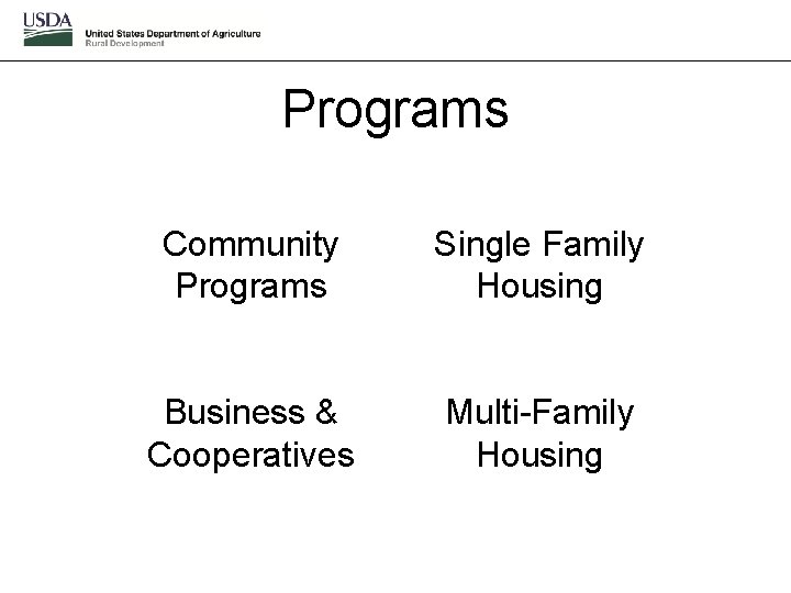 Programs Community Programs Single Family Housing Business & Cooperatives Multi-Family Housing 