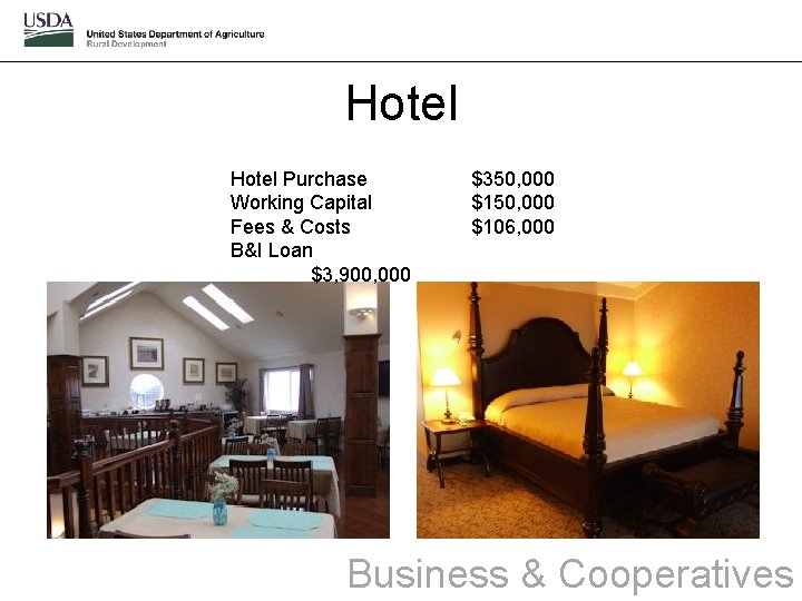 Hotel Purchase Working Capital Fees & Costs B&I Loan $3, 900, 000 $350, 000