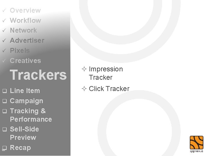 ü ü ü q q q 22 Overview Workflow Network Advertiser Pixels Creatives Trackers