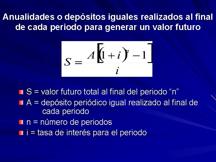 Anualidades o depósitos iguales realizados al final de cada periodo para generar un valor