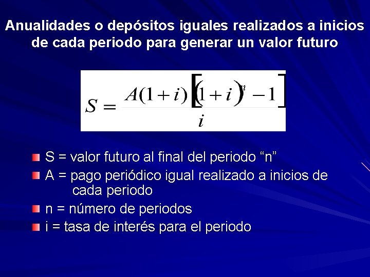 Anualidades o depósitos iguales realizados a inicios de cada periodo para generar un valor