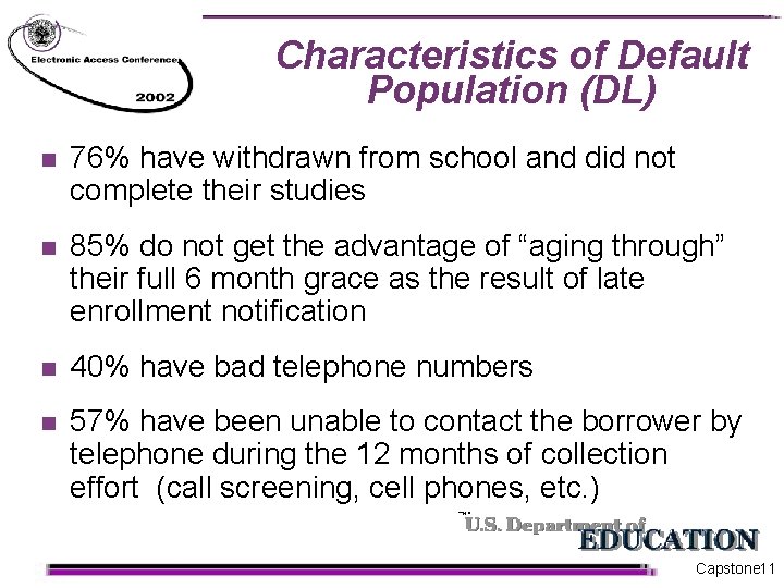 Characteristics of Default Population (DL) n 76% have withdrawn from school and did not