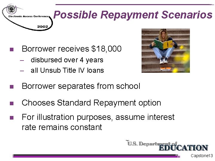 Possible Repayment Scenarios n Borrower receives $18, 000 – disbursed over 4 years –