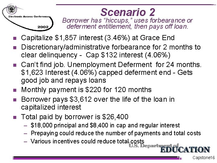 Scenario 2 Borrower has “hiccups, ” uses forbearance or deferment entitlement, then pays off
