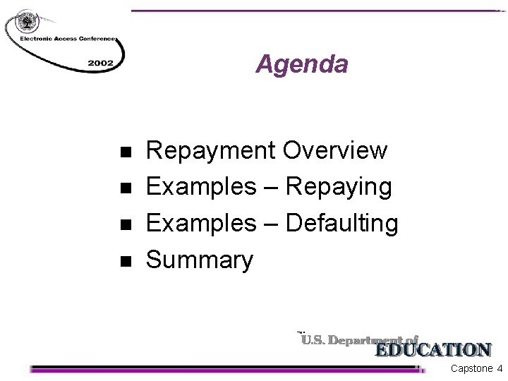 Agenda n n Repayment Overview Examples – Repaying Examples – Defaulting Summary Capstone 4