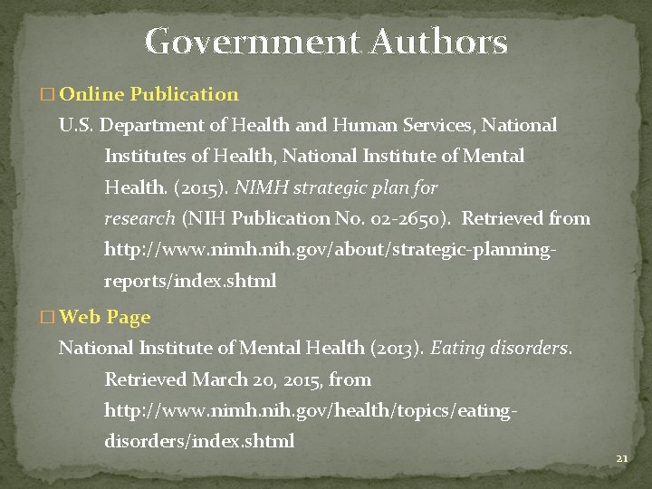 Government Authors � Online Publication U. S. Department of Health and Human Services, National