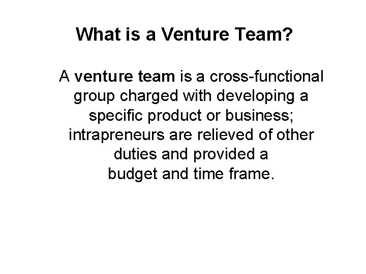 What is a Venture Team? A venture team is a cross-functional group charged with