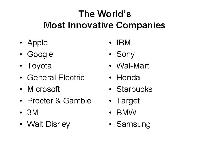 The World’s Most Innovative Companies • • Apple Google Toyota General Electric Microsoft Procter