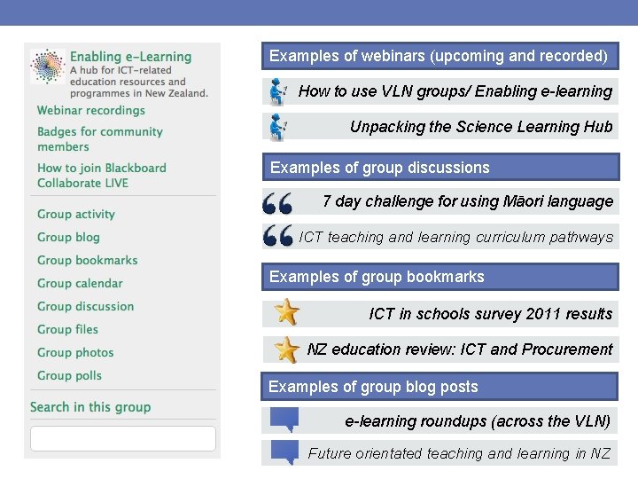 Examples of webinars (upcoming and recorded) How to use VLN groups/ Enabling e-learning Unpacking