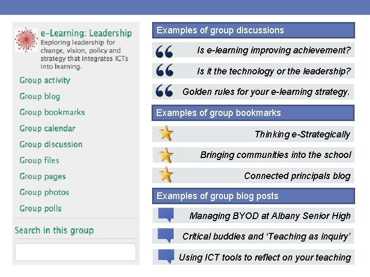 Examples of group discussions Is e-learning improving achievement? Is it the technology or the