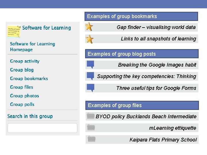 Examples of group bookmarks Gap finder – visualising world data Links to all snapshots