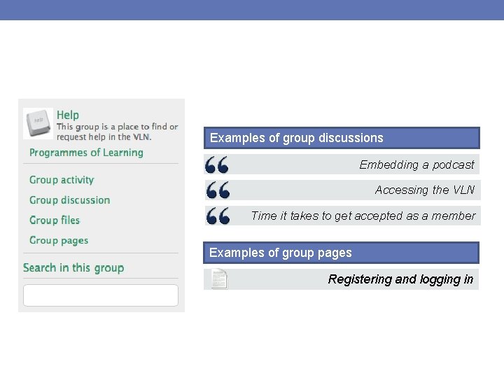 Examples of group discussions Embedding a podcast Accessing the VLN Time it takes to