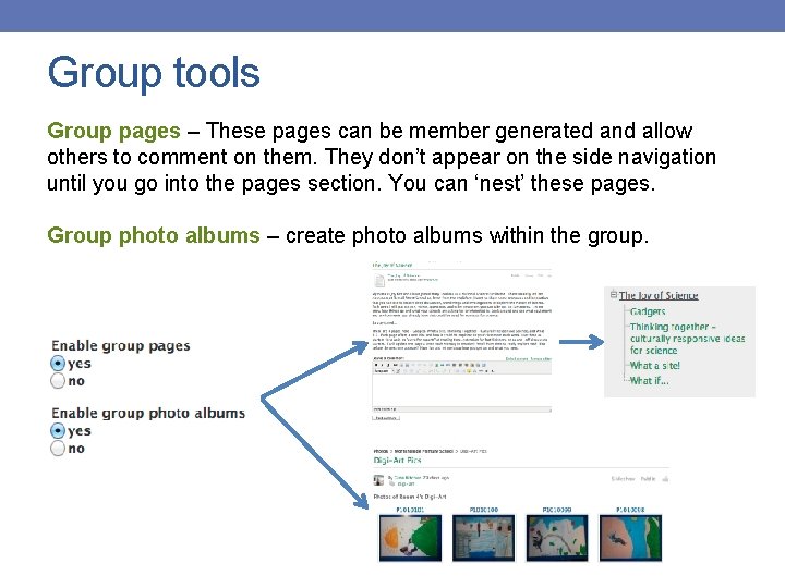 Group tools Group pages – These pages can be member generated and allow others