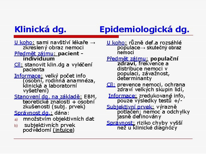 Klinická dg. U koho: sami navštíví lékaře → zkreslený obraz nemoci Předmět zájmu: pacient