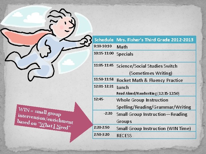 Schedule Mrs. Fisher’s Third Grade 2012 -2013 9: 10 -10: 10 Math 10: 15