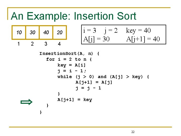 An Example: Insertion Sort 10 30 40 20 1 2 3 4 i=3 j=2