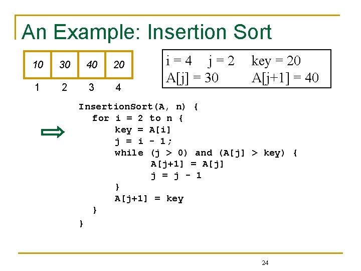 An Example: Insertion Sort 10 30 40 20 1 2 3 4 i=4 j=2