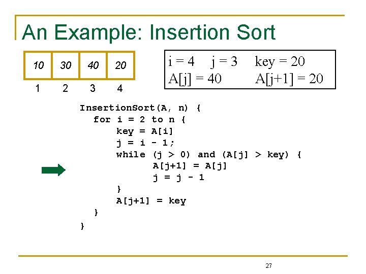 An Example: Insertion Sort 10 30 40 20 1 2 3 4 i=4 j=3