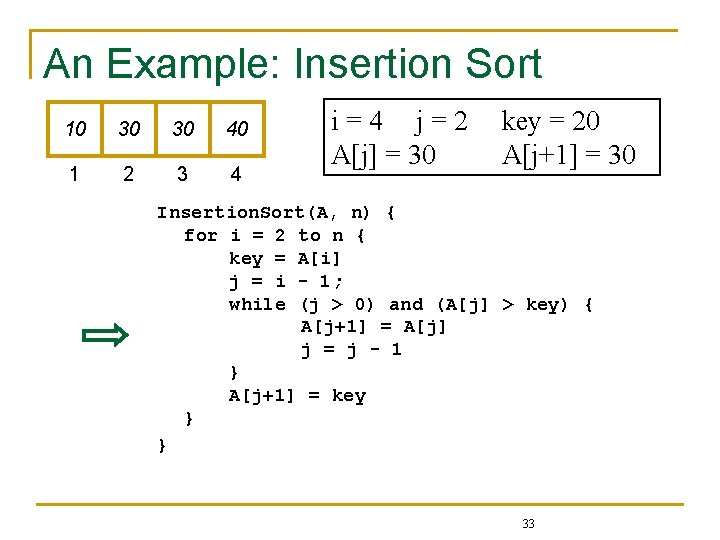 An Example: Insertion Sort 10 30 30 40 1 2 3 4 i=4 j=2