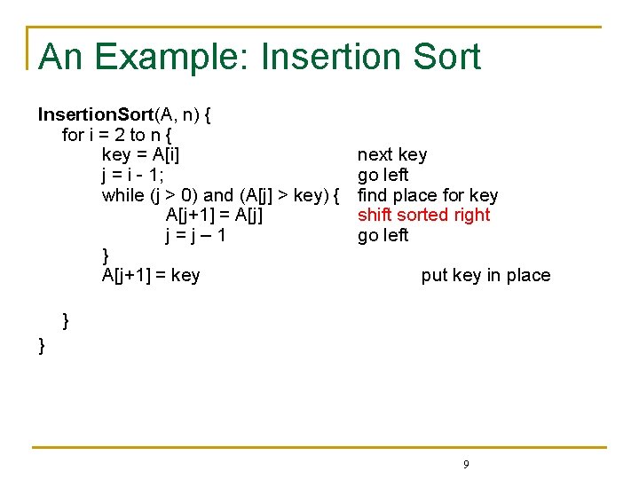 An Example: Insertion Sort Insertion. Sort(A, n) { for i = 2 to n