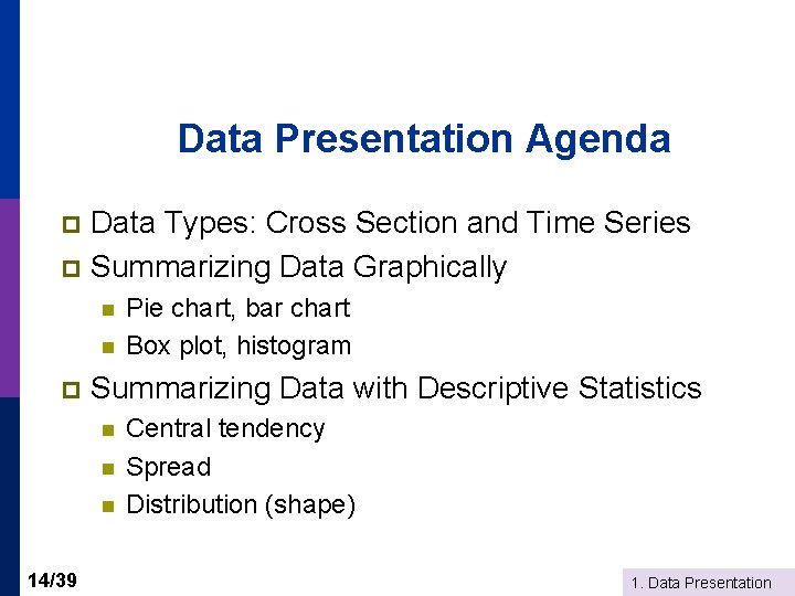 Data Presentation Agenda Data Types: Cross Section and Time Series p Summarizing Data Graphically