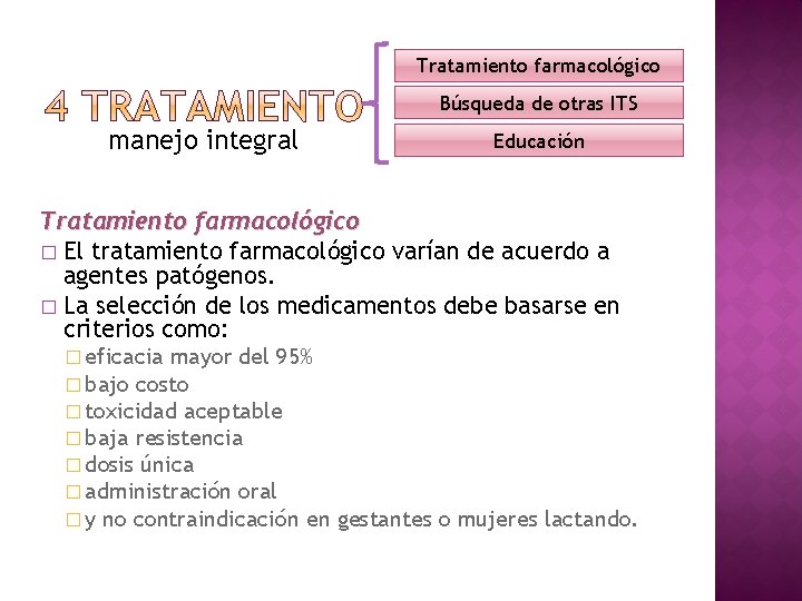 Tratamiento farmacológico Búsqueda de otras ITS manejo integral Educación Tratamiento farmacológico � El tratamiento