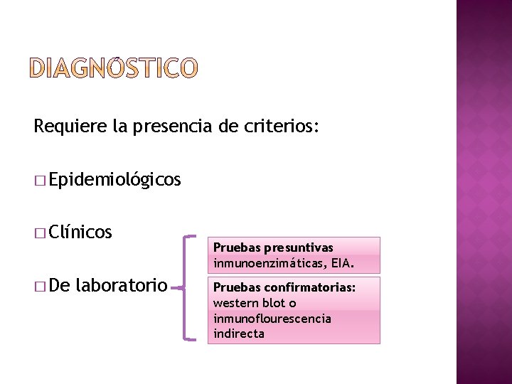 Requiere la presencia de criterios: � Epidemiológicos � Clínicos � De laboratorio Pruebas presuntivas