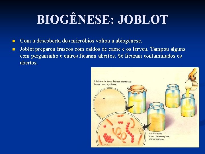BIOGÊNESE: JOBLOT n n Com a descoberta dos micróbios voltou a abiogênese. Joblot preparou