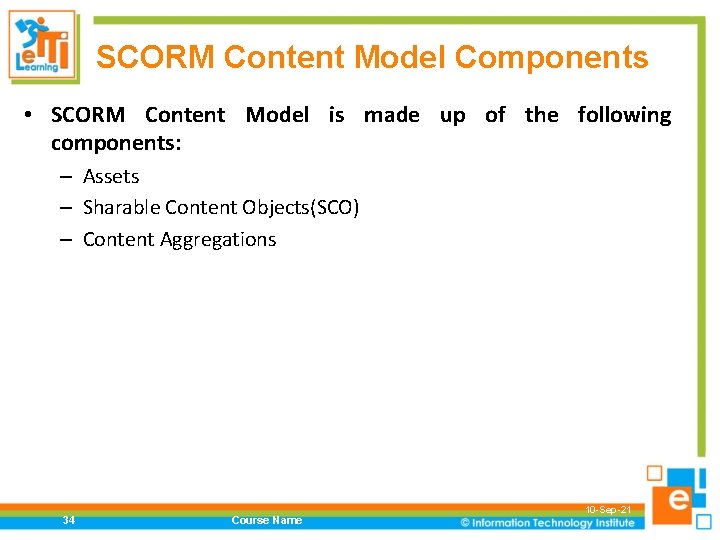 SCORM Content Model Components • SCORM Content Model is made up of the following