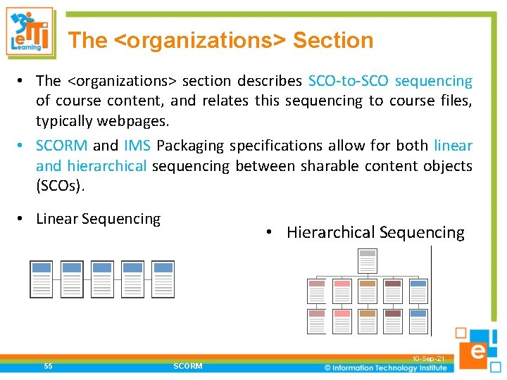 The <organizations> Section • The <organizations> section describes SCO-to-SCO sequencing of course content, and