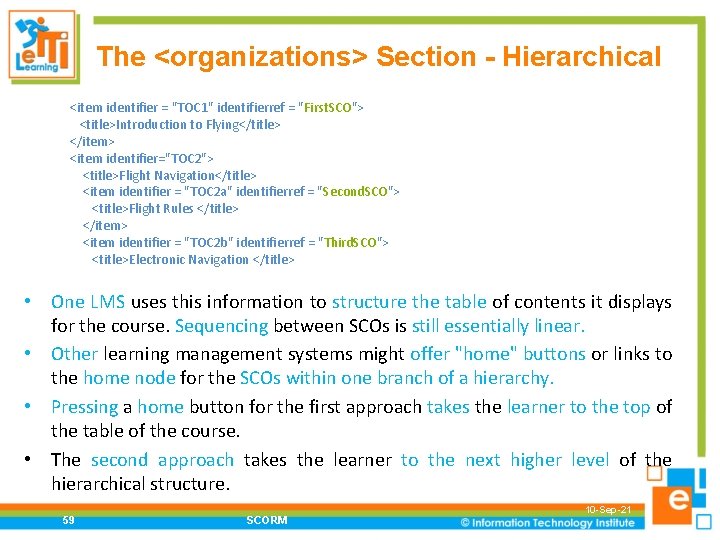 The <organizations> Section - Hierarchical <item identifier = "TOC 1" identifierref = "First. SCO">