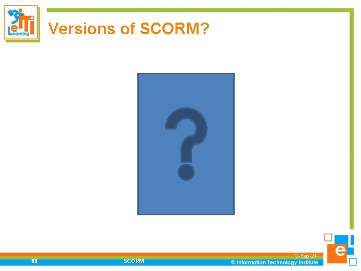 Versions of SCORM? 88 SCORM 10 -Sep-21 