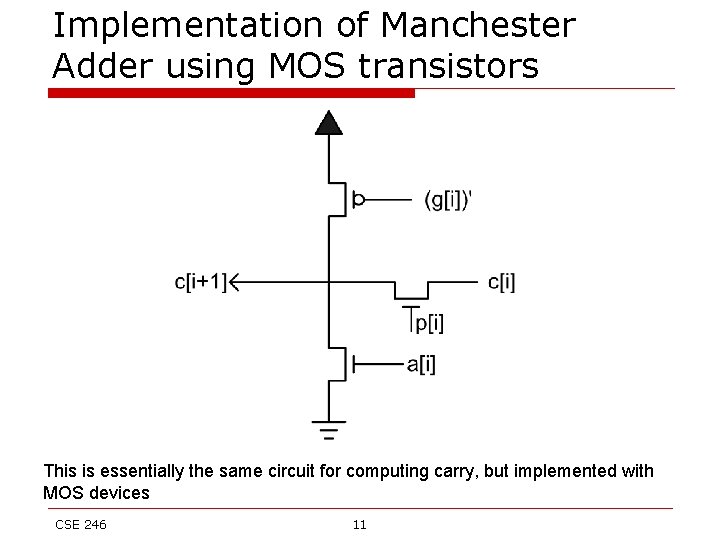 Implementation of Manchester Adder using MOS transistors This is essentially the same circuit for