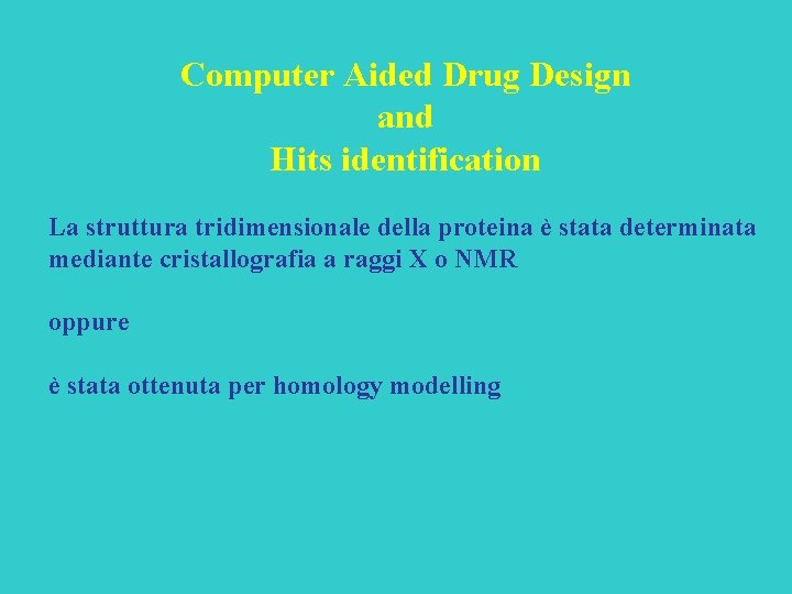 Computer Aided Drug Design and Hits identification La struttura tridimensionale della proteina è stata