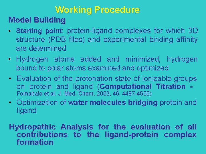 Working Procedure Model Building • Starting point: protein-ligand complexes for which 3 D structure