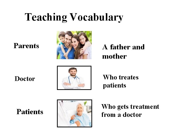 Teaching Vocabulary Parents A father and mother Doctor Who treates patients Patients Who gets