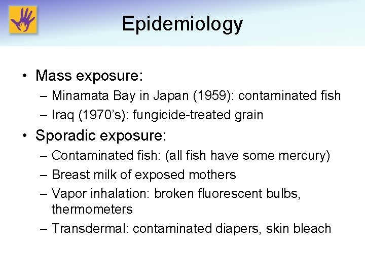 Epidemiology • Mass exposure: – Minamata Bay in Japan (1959): contaminated fish – Iraq