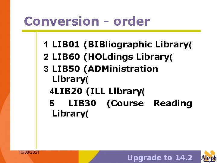 Conversion - order 1 LIB 01 (BIBliographic Library( 2 LIB 60 (HOLdings Library( 3