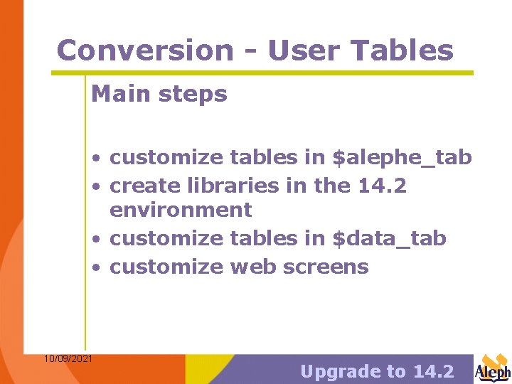 Conversion - User Tables Main steps • customize tables in $alephe_tab • create libraries