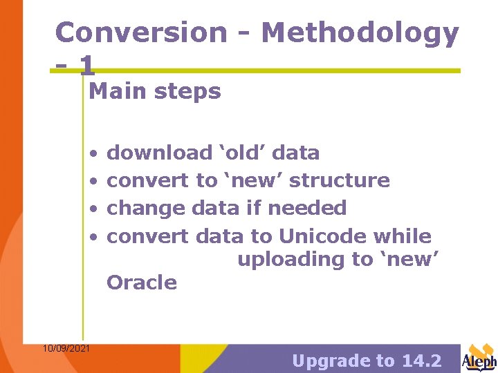 Conversion - Methodology -1 Main steps • • 10/09/2021 download ‘old’ data convert to