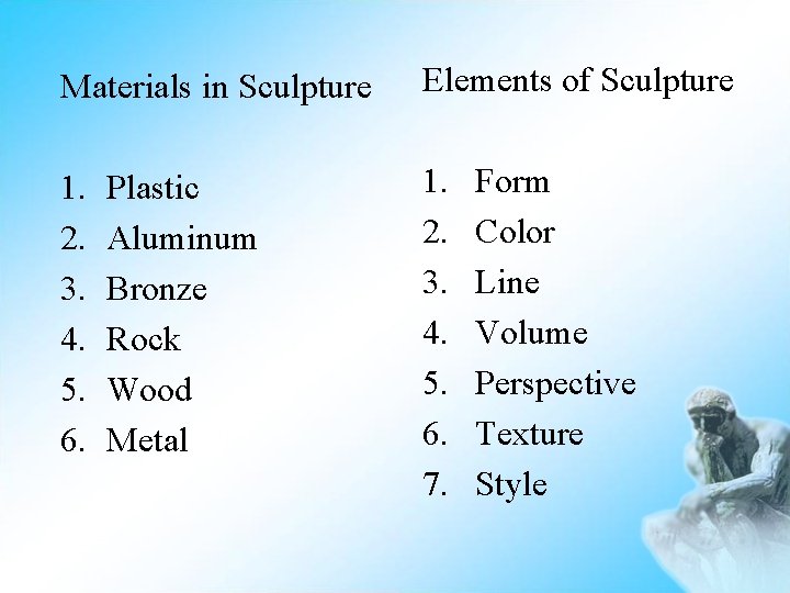 Materials in Sculpture Elements of Sculpture 1. 2. 3. 4. 5. 6. 7. Plastic