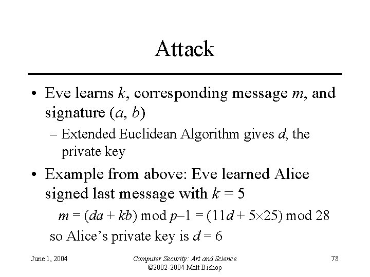 Attack • Eve learns k, corresponding message m, and signature (a, b) – Extended